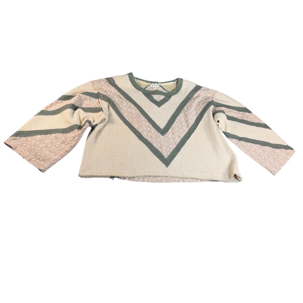 POL Womens Waffle Knit Embroidered Lace Chevron Top YKT1217 Cream Sage S
